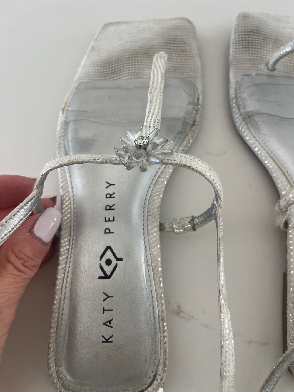 Katy Perry Collections Silver Floral Crystal T-Strap Sandals
